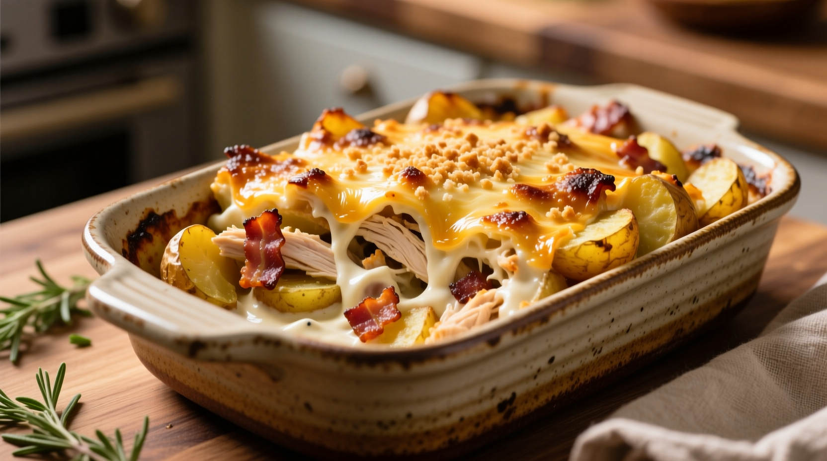 Golden chicken bacon ranch potato bake in ceramic dish