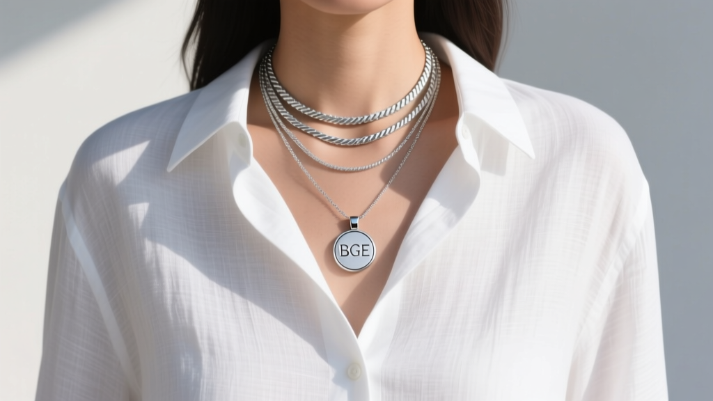 Woman wearing layered sterling silver necklaces featuring a BGE stamped pendant over a crisp white linen button-down shirt