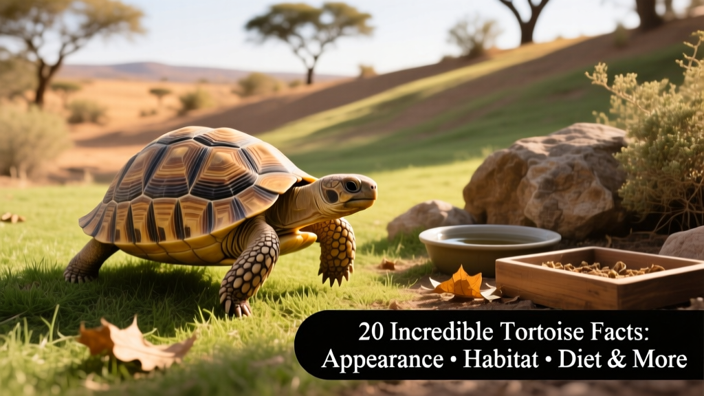 A healthy sulcata tortoise exploring a naturalistic, sunlit outdoor enclosure with grass, rocks, and low shrubs