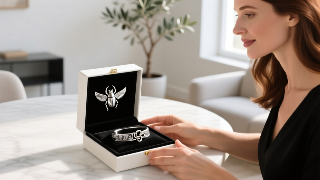 A woman receiving a gift box containing a sterling silver ancient Egyptian jewelry scarab bracelet with a secure lobster clasp.