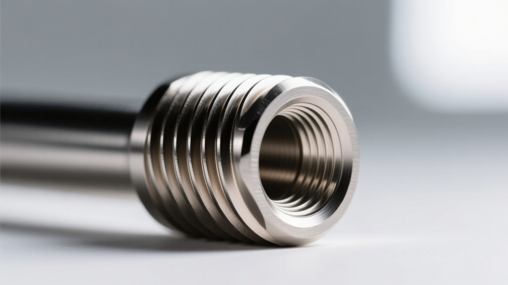 Macro photography of an internally threaded ASTM F-136 titanium barbell post, showing the precise threading and polished finish.