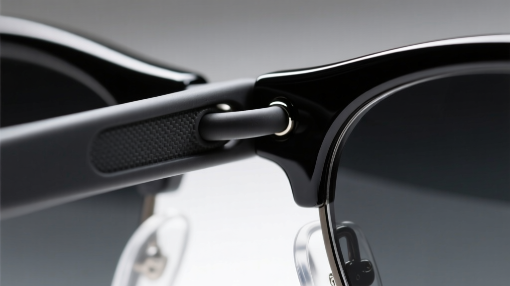 Macro photography of a clear silicone eyeglass loop clasp securely attached to the dark acetate temple tip of modern sunglasses