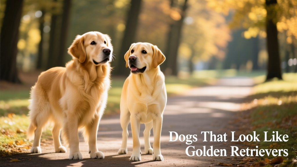 A yellow Labrador Retriever and a Golden Retriever side-by-side on a park path, both alert and friendly