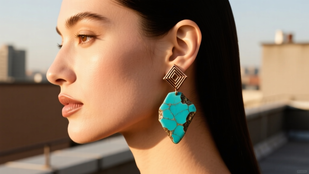 Side profile of a model wearing asymmetric hammered bronze and raw turquoise art and craft dangle earrings in sunlight.