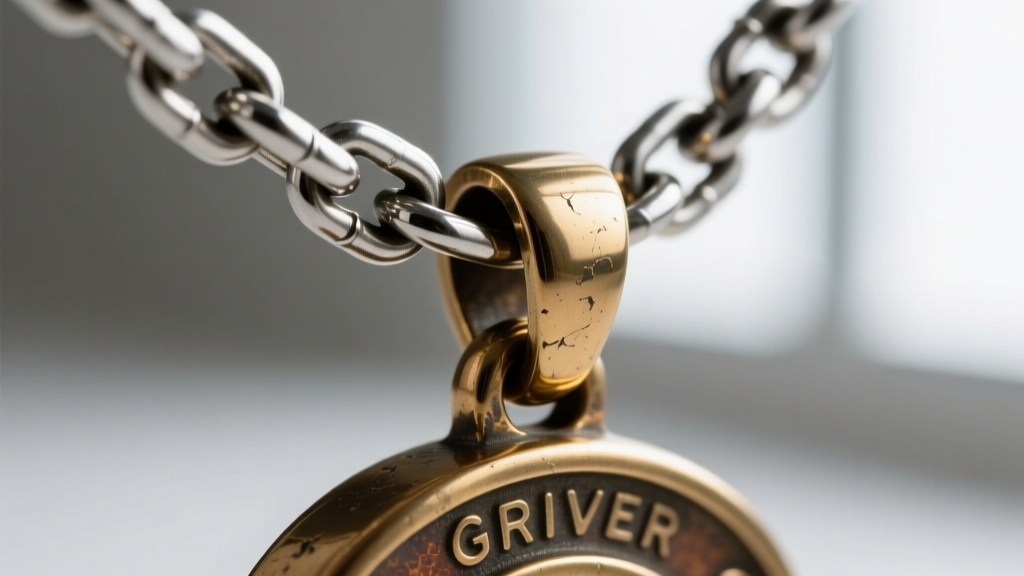 Macro shot of a 2.5mm stainless steel box chain threading through the bail of a heavy brass Griever pendant, high contrast lighting