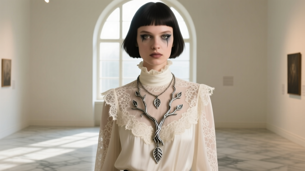 Model wearing dark academia fashion featuring a long oxidized silver poison tree necklace over a high-neck Victorian lace blouse.