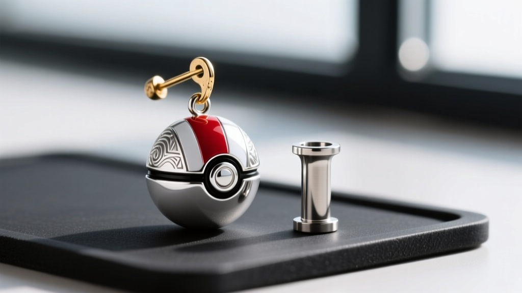 Macro photo of a silver Pokeball dangle earring with a bent brass post next to a titanium replacement post on a dark rubber mat