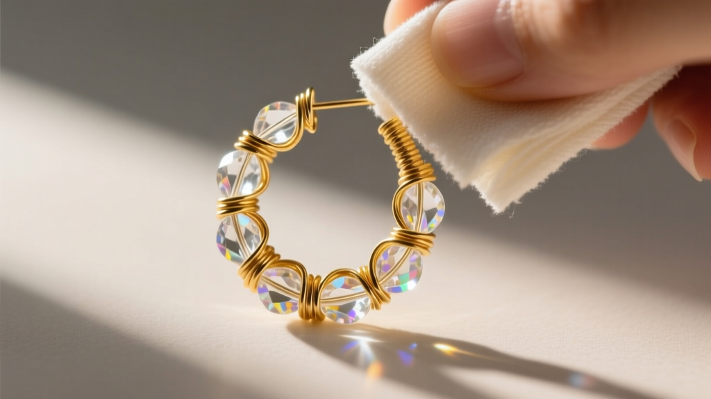 Close-up of a gold-filled wire-wrapped earring with clear crystal beads being gently wiped with a microfiber polishing cloth.