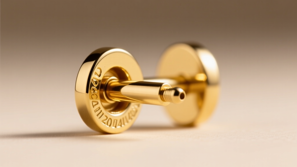 Macro photography of a 20-gauge 14k yellow gold flat-back labret earring post, showing the threadless pin mechanism clearly.