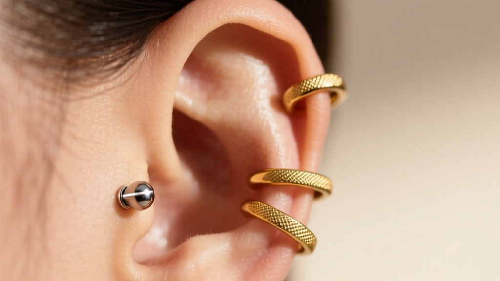 Macro shot of an ear with an 18-gauge titanium lobe drop and three gold cartilage huggies against soft studio lighting