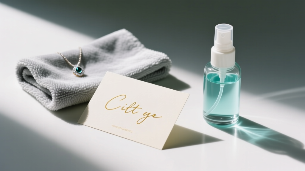 A beautifully handwritten gift card resting next to microfiber polishing cloths and a small bottle of jewelry cleaning concentrate