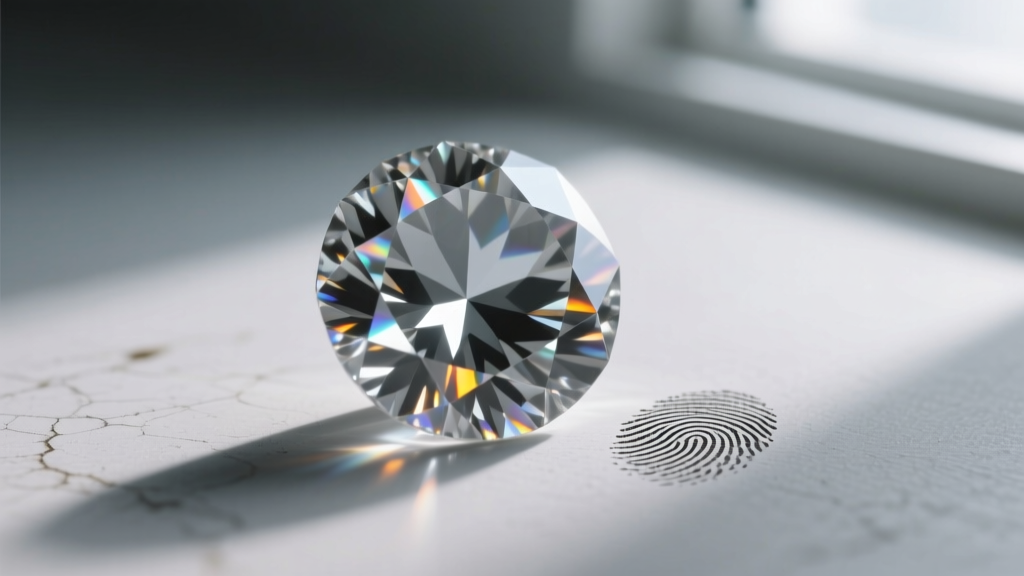 Extreme close-up of a moissanite pavilion facet showing a fingerprint oil smudge refracting light in a dull, grayish pattern