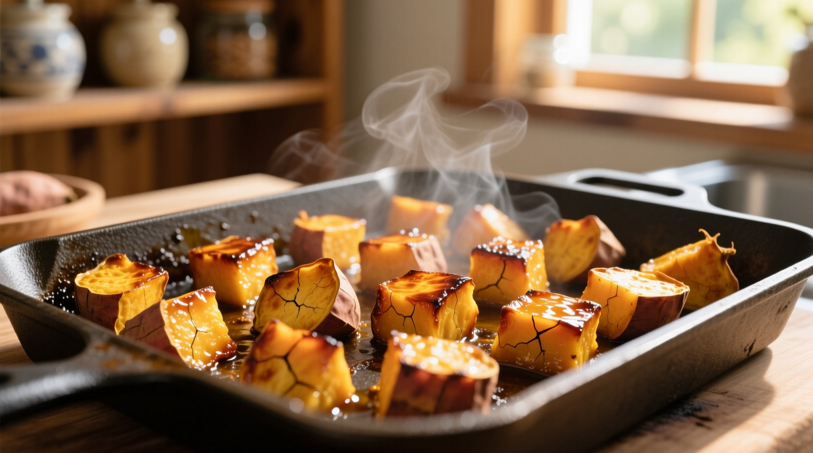 Golden roasted sweet potato cubes on baking sheet