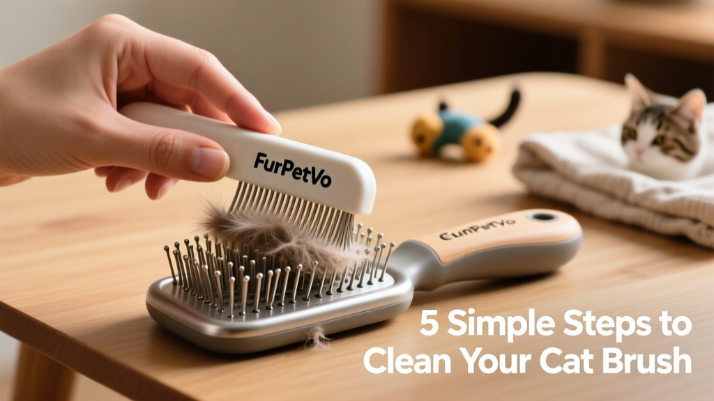 Hand using a FurPetVo Brush Cleaner tool to remove fur from a slicker brush