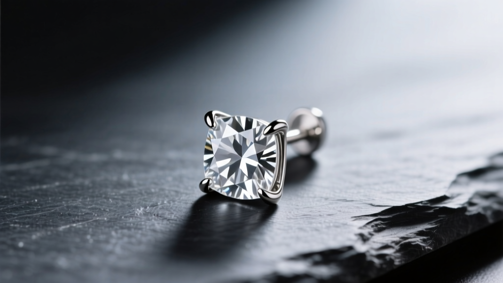 Macro shot of a platinum kite diamond earring with V-prongs at the tips, resting on dark slate under soft directional lighting.