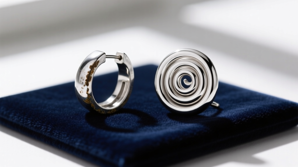 Side-by-side comparison of a tarnished silver-plated spiral earring and a bright Argentium silver spiral earring on a velvet pad