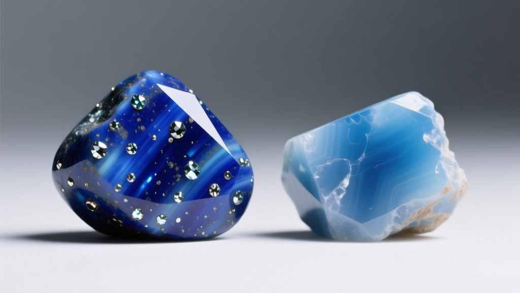 Macro shot of genuine lapis lazuli with pyrite flecks beside dyed howlite, showing color depth differences for jewelry buyers.