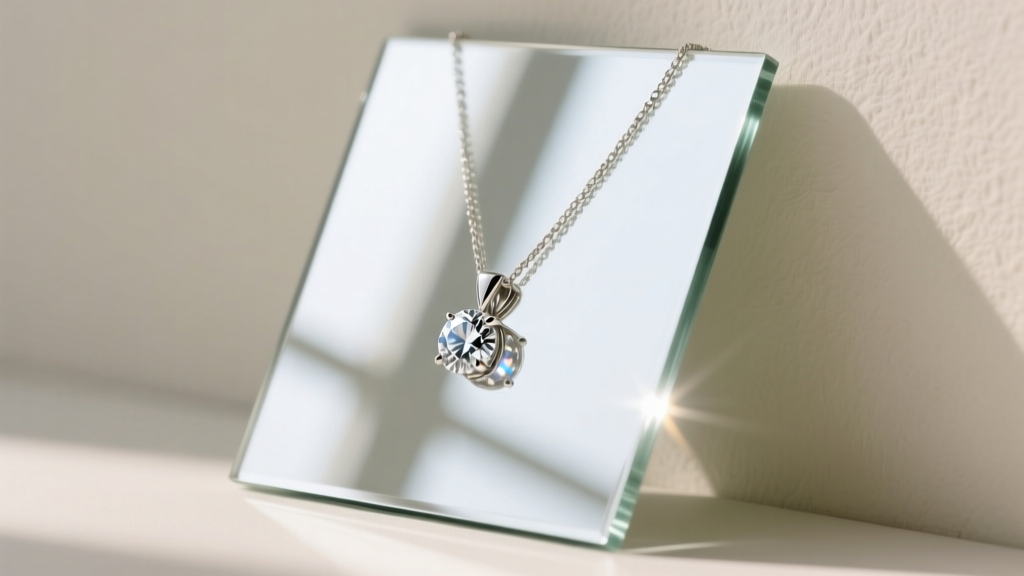 Side profile of a low-iron glass necklace mirror tilted at 15 degrees, showing a diamond pendant catching neutral white lighting.