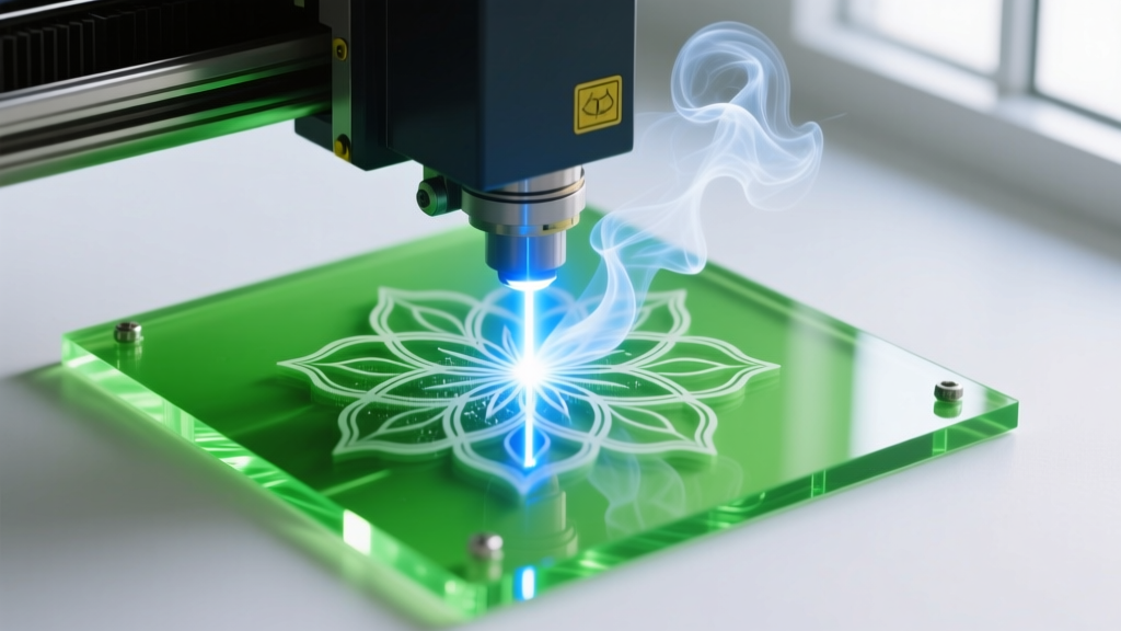 Close-up of a diode laser cutter engraving a geometric floral pattern into translucent neon green acrylic with smoke rising.