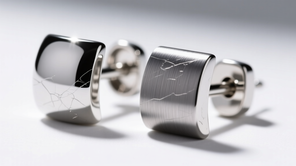 Macro view of polished platinum and titanium earring posts showing scratch resistance and metal texture under bright studio lights