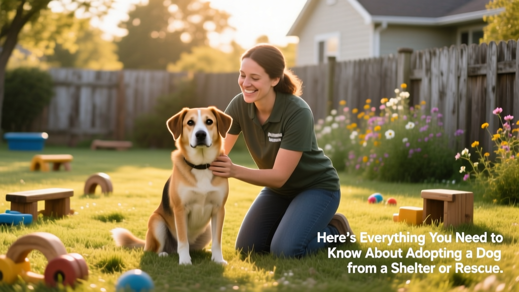 A volunteer helping a curious shelter dog explore a quiet outdoor play area