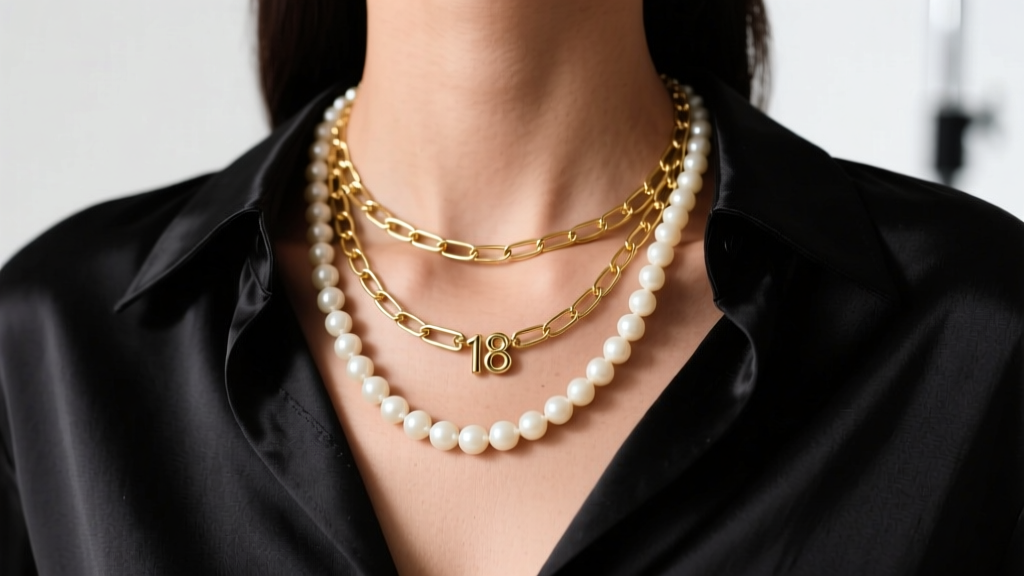Close-up of a model layering a vintage ivory bead necklace with a delicate 18k gold paperclip chain over a black silk blouse