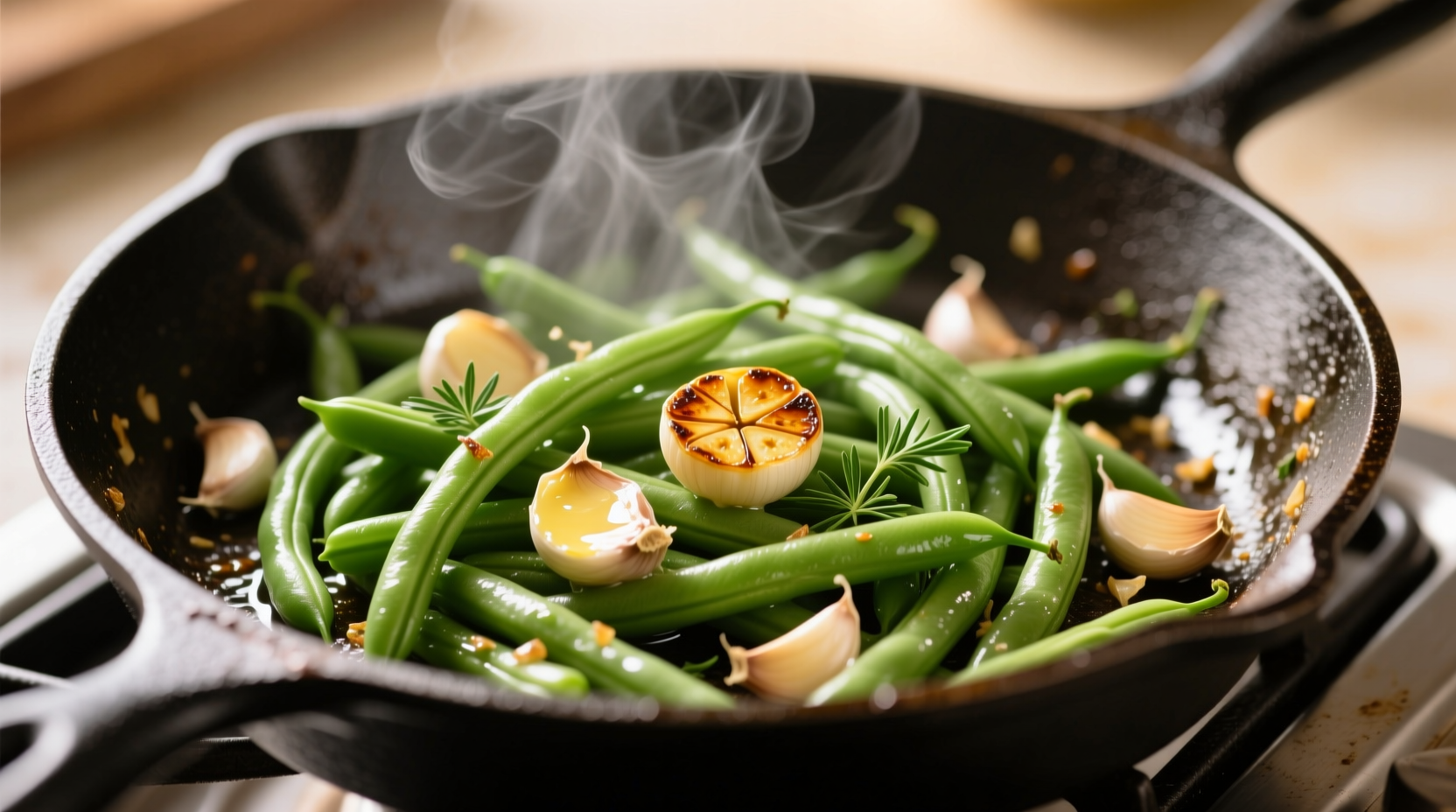 Crisp green beans with golden garlic in skillet