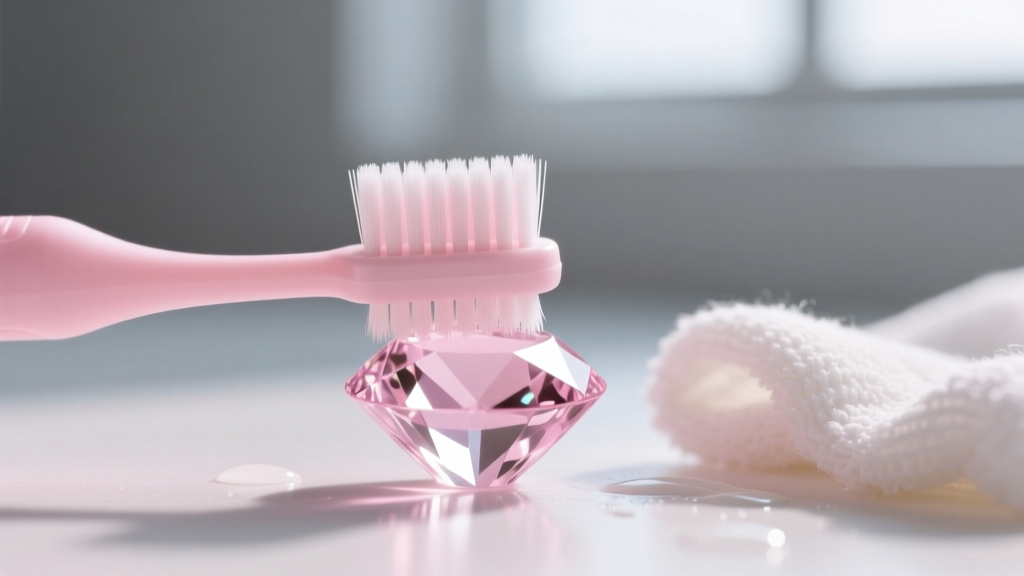 Macro shot of a soft baby toothbrush gently cleaning a pink glass rhinestone setting, microfiber cloth absorbing moisture nearby