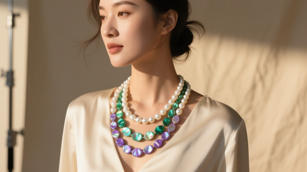 Woman wearing a 36-inch mother of pearl long necklace over a cream blouse, soft lighting highlighting iridescent nacre beads.