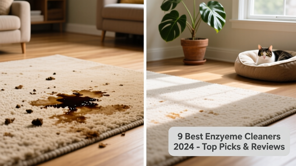 Side-by-side comparison of stained carpet before and after treatment with enzymatic cleaner