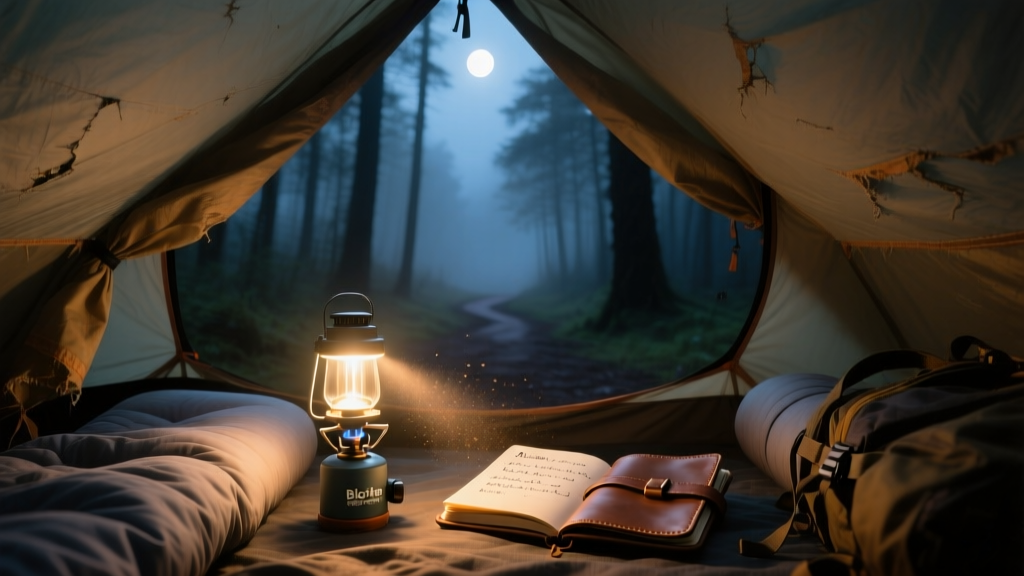 Dusty BioLite HeadLamp 330 illuminating a dark forest tent setup at midnight during a rugged three-day backpacking trip.