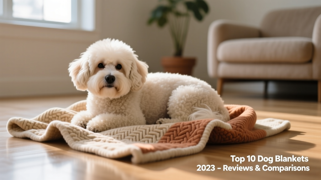 A medium-sized dog curled up on a soft, textured dog blanket indoors