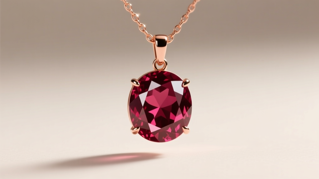 Macro shot of a lab ruby pendant on a rose gold chain, showing deep red hue and brilliant facets under soft directional lighting.