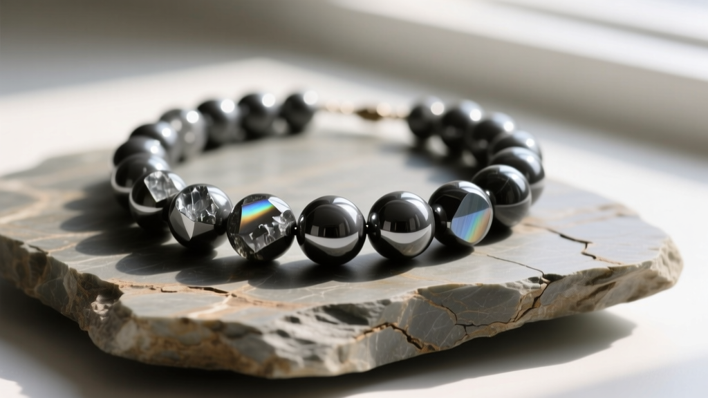 Macro photo of a natural hematite bead necklace with 8mm dark metallic grey stones resting on a piece of raw unpolished slate