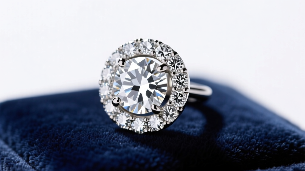 Macro shot of a halo diamond earring setting with tiny melee stones around a center stone on a velvet pad, bright lighting.