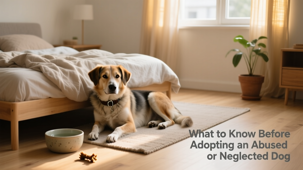 A dog resting peacefully beside a cozy bed and water bowl in a tidy, softly lit living space