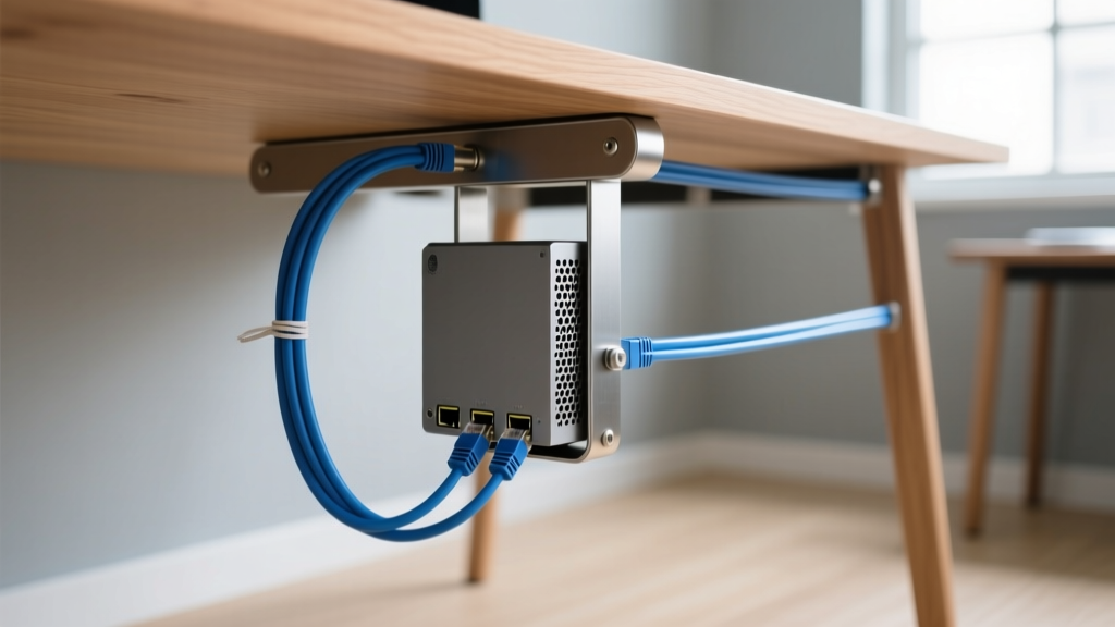 Close-up of mini PC mounted vertically under wooden desk using ventilated steel bracket with neatly routed blue ethernet cables