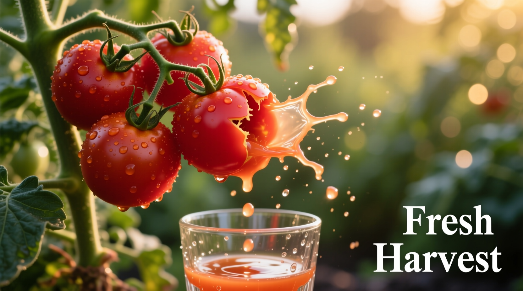 Fresh skunk tomatoes on vine with juice glass