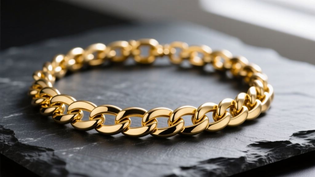 Close-up of a polished 14k yellow gold 8mm Cuban link necklace resting on dark slate, highlighting the interlocking link structure.