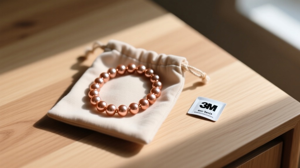 Soft anti-tarnish cloth pouch holding a copper pearl necklace, resting beside a small 3M anti-tarnish strip on a wooden surface.