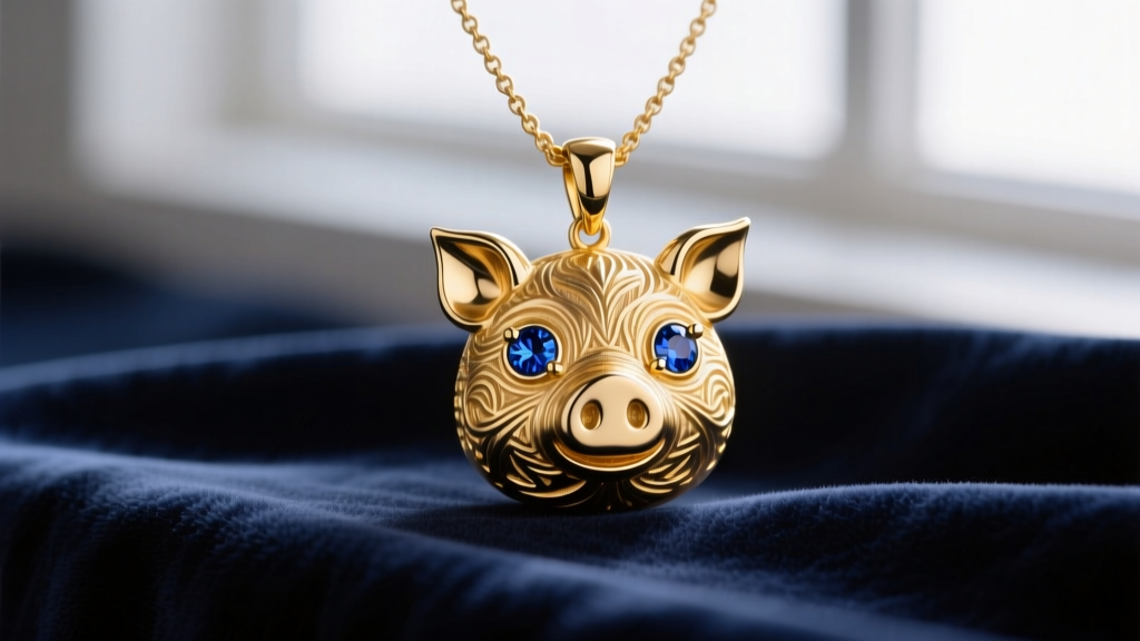 Macro shot of a 14k gold pig necklace pendant with sapphire eyes, resting on dark navy velvet in soft studio lighting