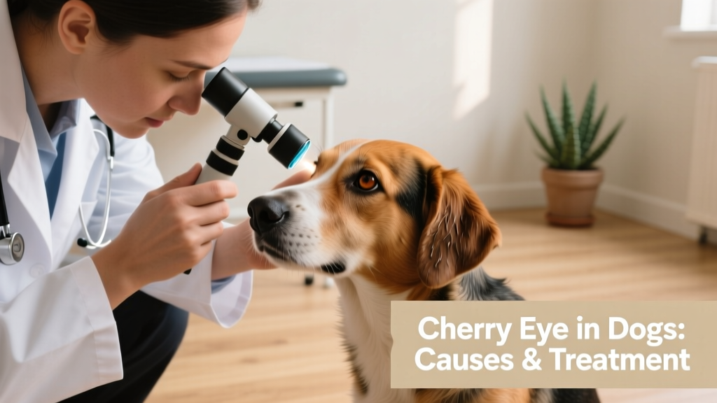Veterinarian gently examining a dog's eye during a post-operative checkup, with soft lighting and calm environment