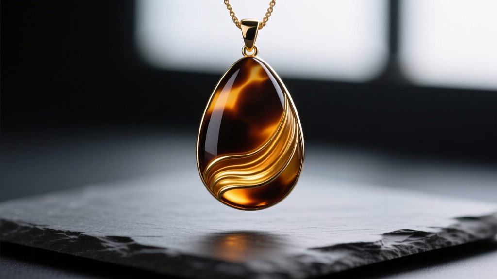 Macro shot of a polished cellulose acetate faux tortoiseshell teardrop pendant resting on dark slate, catching warm amber light