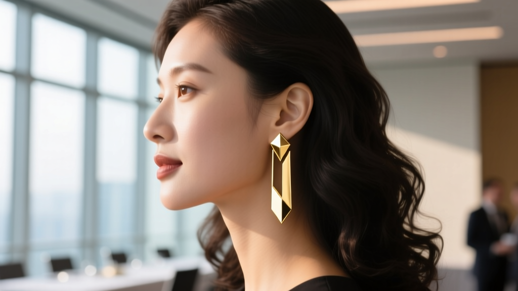 Close-up profile of a woman wearing 3-inch 14K gold geometric bar drop earrings at a professional corporate networking event.