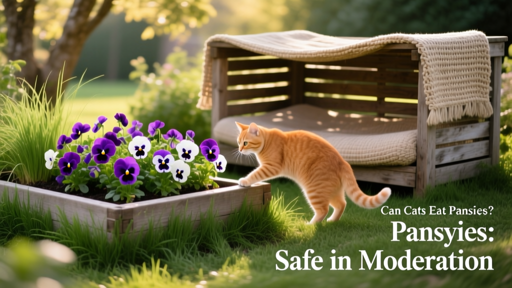 Cat-safe gardening setup: raised planter with pansies surrounded by cat grass and shaded resting spot