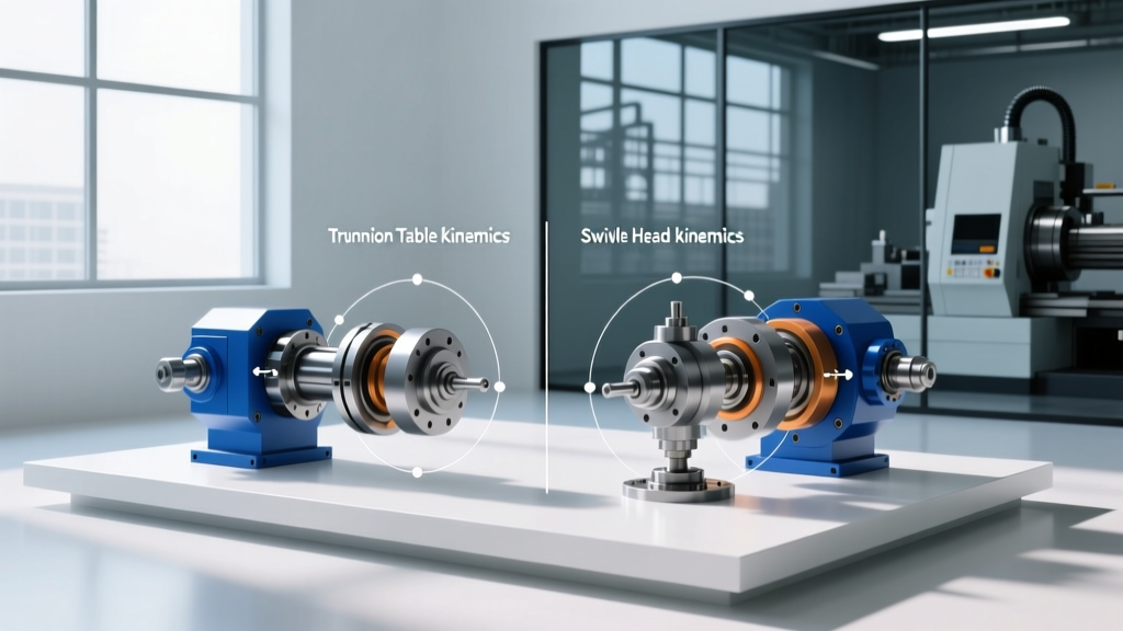 Diagram comparing trunnion table kinematics with swivel head kinematics in compact CNC milling applications