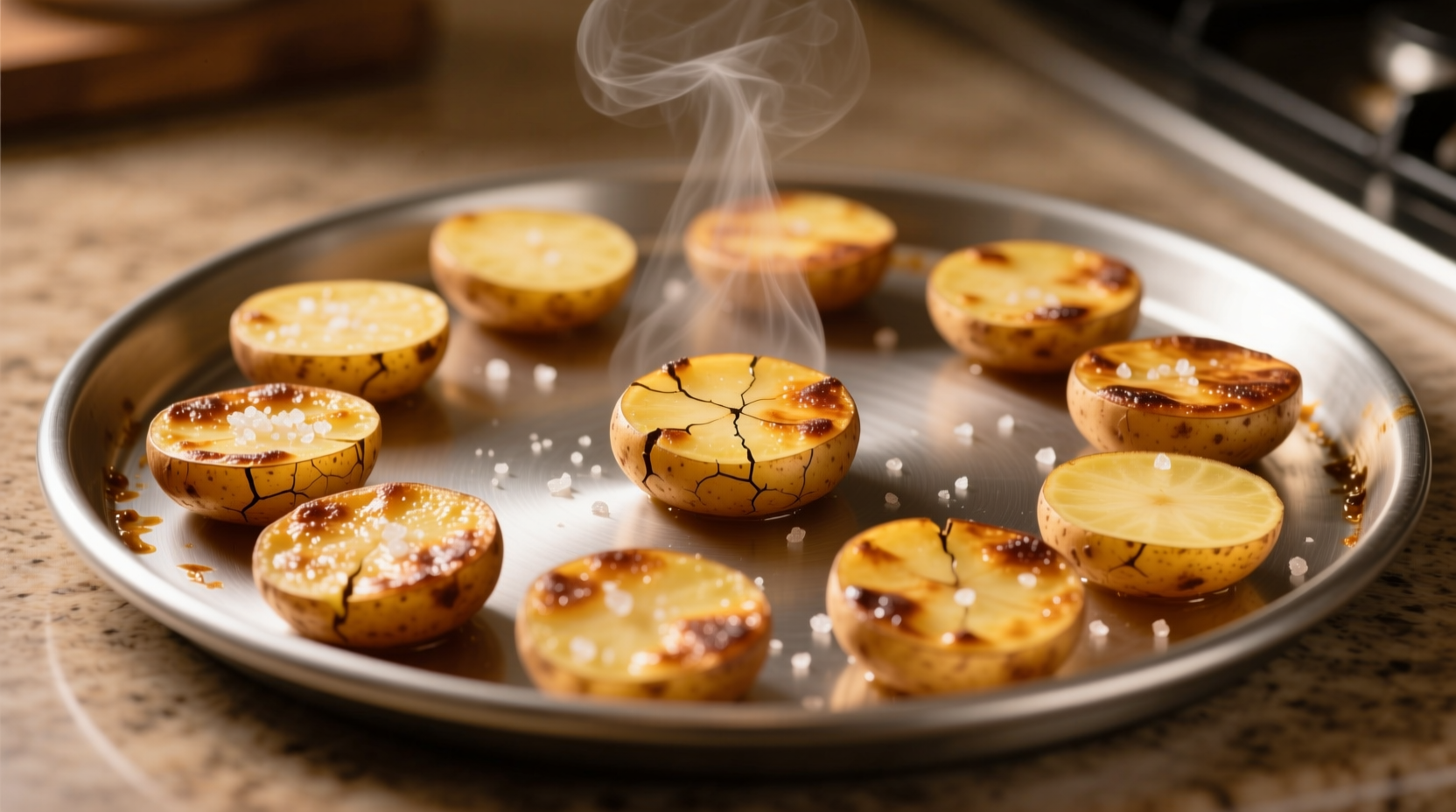Golden brown potato rounds on baking sheet