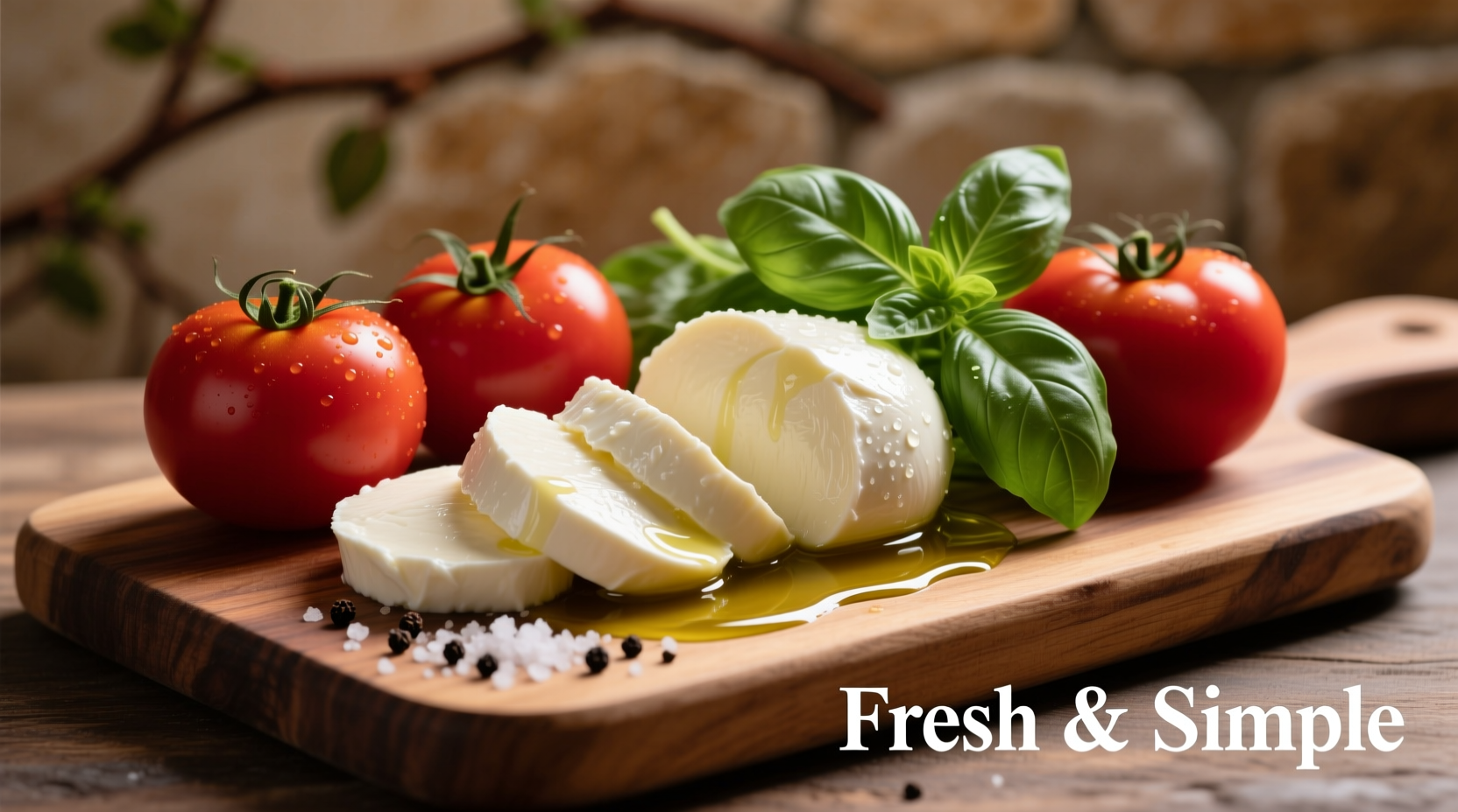 Fresh mozzarella tomato basil salad on wooden board