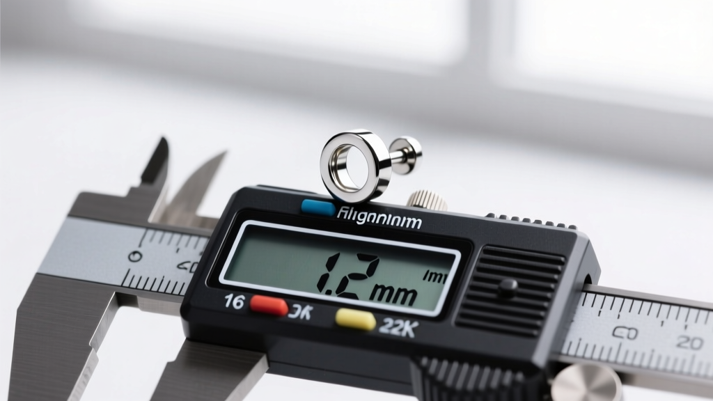 Macro shot of a 16-gauge titanium flat back labret earring resting on a digital caliper clearly displaying 1.2mm thickness