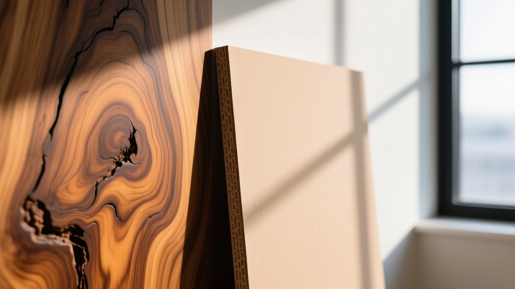 Macro close-up of raw solid walnut wood grain next to a primed MDF board highlighting textural differences for box crafting